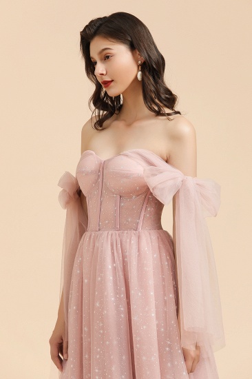 BMbridal V-neck Tulle Long Evening Pink Prom Dress Online_7