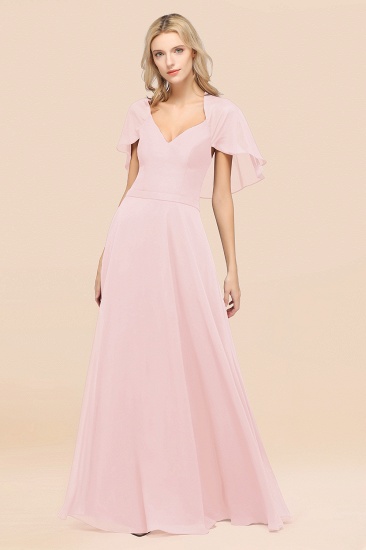 A-Line aus Chiffon, Satin mit V-Ausschnitt, kurzen Ärmeln, bodenlangen Kleid für Brautjungfer_3