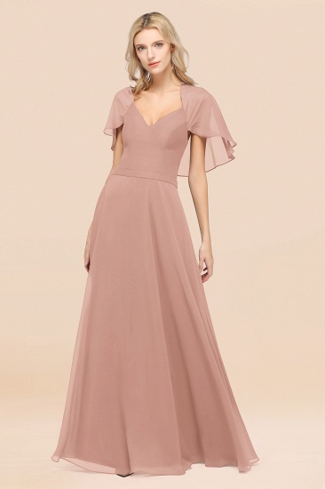 A-Line aus Chiffon, Satin mit V-Ausschnitt, kurzen Ärmeln, bodenlangen Kleid für Brautjungfer_6