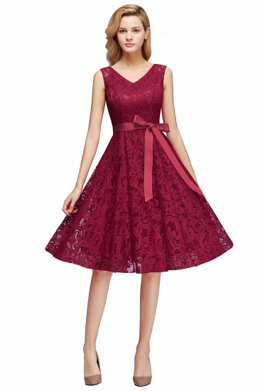 BMbridal Simple Sleeveless A-line Red Lace Dress with Ribbon Bow_3