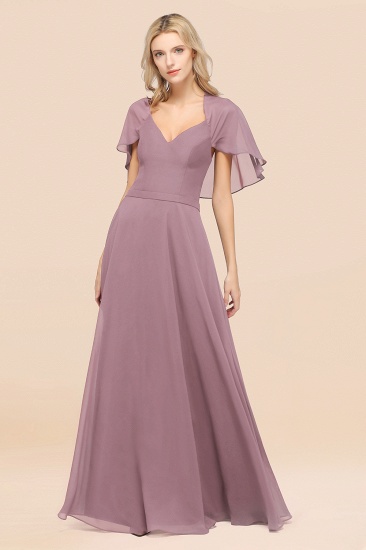 A-Line aus Chiffon, Satin mit V-Ausschnitt, kurzen Ärmeln, bodenlangen Kleid für Brautjungfer_43