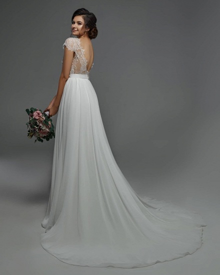 Bmbridal Cap Sleevels Lace Chiffon Wedding Dress Boho Bridal Gown_3