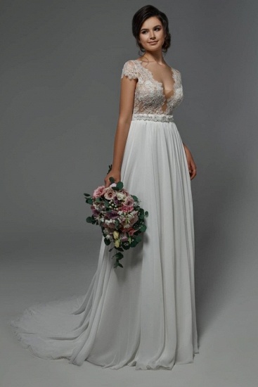 Bmbridal Cap Sleevels Lace Chiffon Wedding Dress Boho Bridal Gown_2