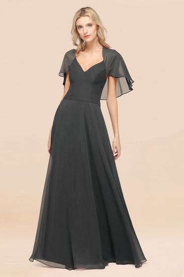 A-Line aus Chiffon, Satin mit V-Ausschnitt, kurzen Ärmeln, bodenlangen Kleid für Brautjungfer_46