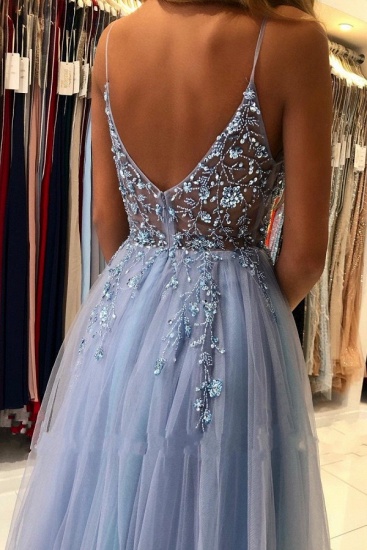 Bmbridal Blue Spaghetti-Straps Prom Dress Tulle Slit Evening Dress With Beads_4