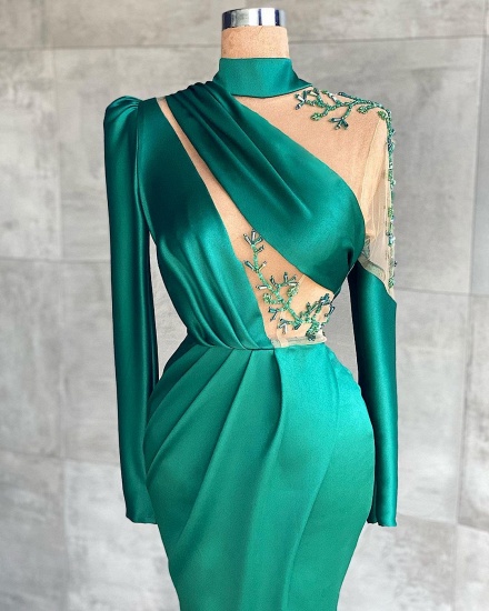 BMbridal Green One Shoulder Long Sleeves Prom Dress Mermaid With Slit_2