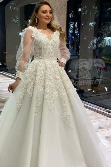 BMbridal Tulle Long Sleeves Ball Gown Wedding Dress With Lace Appliques_2