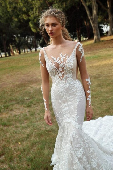 BMbridal Long Sleeves Mermaid Wedding Dress Lace Applqiues Bridal Wear_2