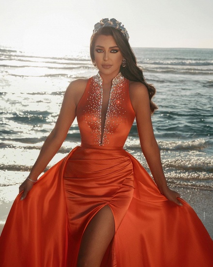 Bmbridal Orange Halter Mermaid Prom Dress Slit Overskirt With Beads_3