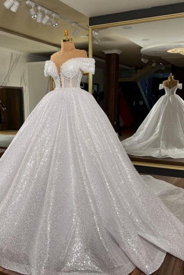 BMbridal Off-the-Shoulder Sequins Ball Gown Wedding Dress