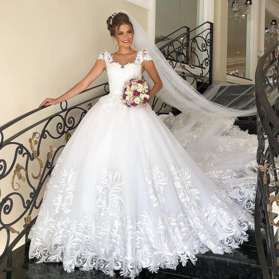 BMbridal Cap Sleeves Lace Applqiues Wedding Dress Ball Gown Princess Bridal Wear_4