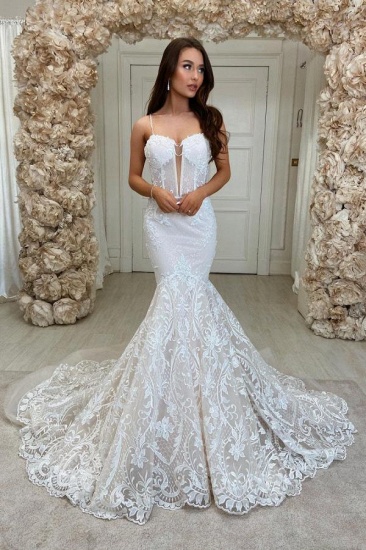 BMbridal Spaghetti-Straps Lace Wedding Dress Mermaid Sleeveless_2