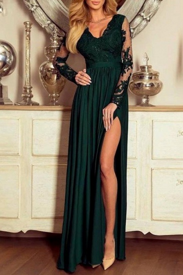 Bmbridal Long Sleeves Dark Green Prom Dress Lace With Split_2
