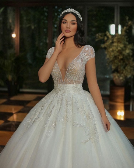 Bmbridal Deep V-Neck Cap Sleeves Wedding Dress Ball Gown With Beads_5