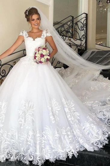 BMbridal Cap Sleeves Lace Applqiues Wedding Dress Ball Gown Princess Bridal Wear_2