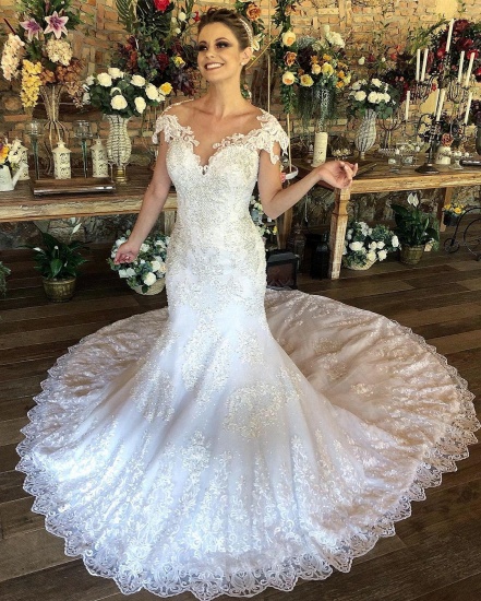 BMbridal Cap Sleeves Lace Wedding Dress Mermaid With Appliques Online_4