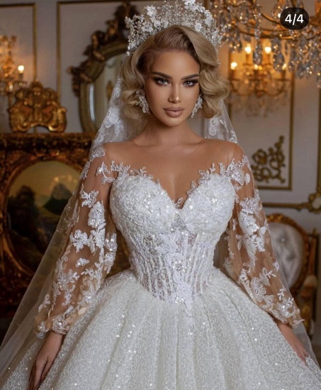 Bmbridal Long Sleeves Lace Ball Gown Wedding Dress Bubble Sleeves_4
