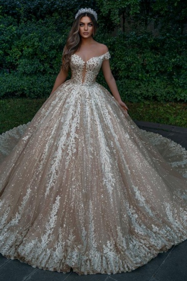 BMbridal Off-the-Shoulder Champagne Wedding Dress Ball Gown With Appliques_2