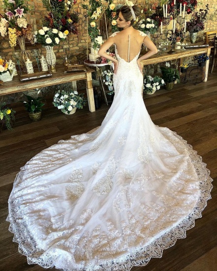 BMbridal Cap Sleeves Lace Wedding Dress Mermaid With Appliques Online_3