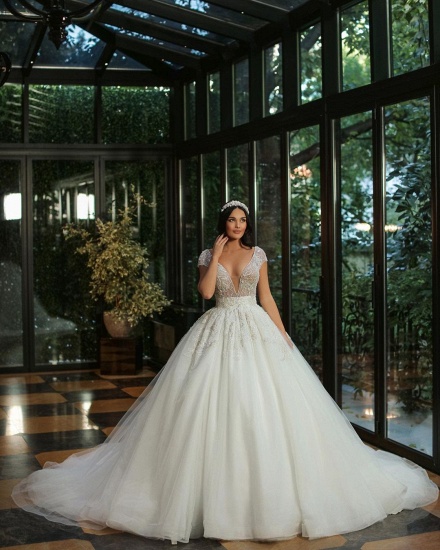 Bmbridal Deep V-Neck Cap Sleeves Wedding Dress Ball Gown With Beads_4