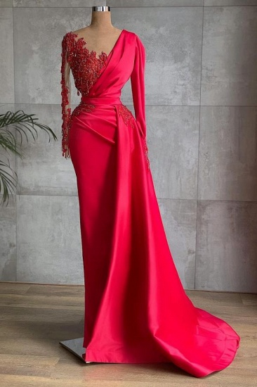 BMbridal Red Long Sleeves Mermaid Prom Dress WIth Beads Appliques