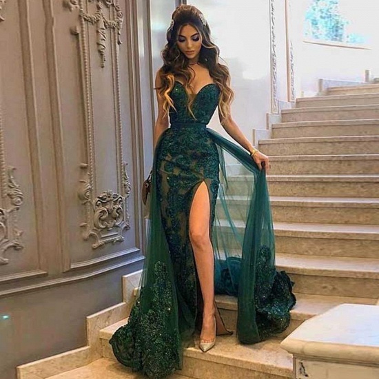 Bmbridal Dark Green Mermaid Prom Dress Tulle Skirt Split With Appliques_3