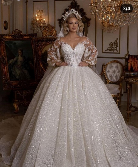 Bmbridal Long Sleeves Lace Ball Gown Wedding Dress Bubble Sleeves_6