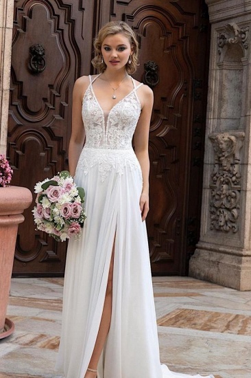 Bmbridal Chiffon Wedding Dress Lace Appliques With Slit_1