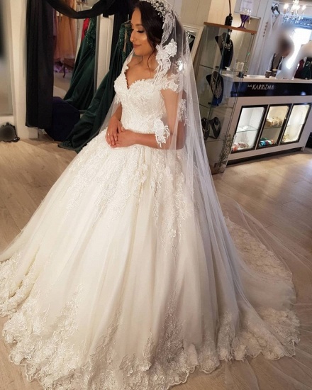 BMbridal Cap Sleeves Lace Wedding Dress Ball Gown V-Neck_4