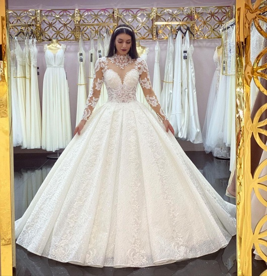 Bmbridal Long Sleeves High Neck Wedding Dress Ball Gown Tulle Online_3