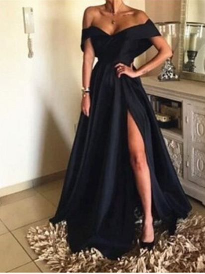 Simple Black Off-the-Shoulder Long A-line Prom Dress With Slit_1