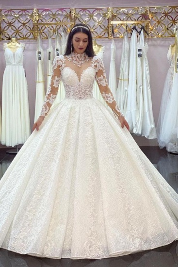 Bmbridal Long Sleeves High Neck Wedding Dress Ball Gown Tulle Online_2