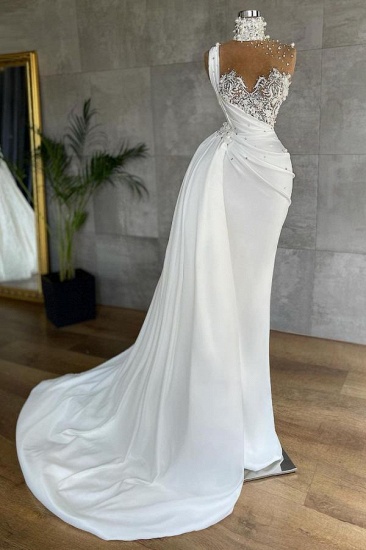 Bmbrdal White High Neck Mermaid Prom Dress With Ruffles Beads_2
