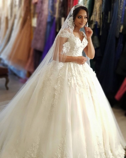 BMbridal Cap Sleeves Lace Wedding Dress Ball Gown V-Neck_3