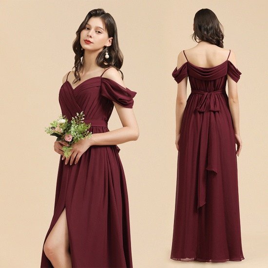 Off-the-Shoulder Sweetheart Burgundy Long Bridesmaid Dress With Slit_1