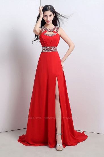 A Line High Slit Long Red Chiffon Beaded Prom Dresses_6