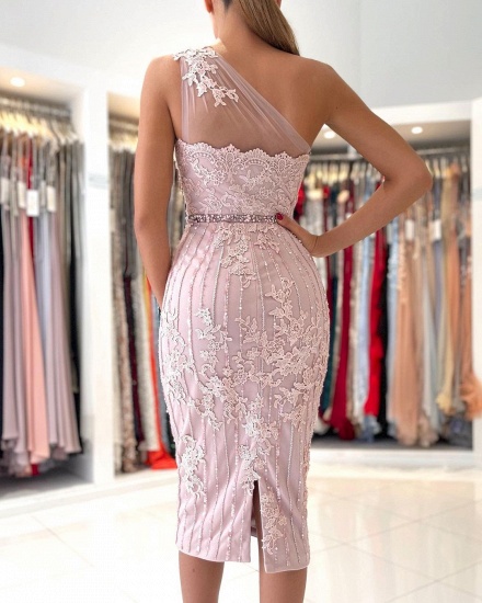 Bmbridal One Shoulder Pink Lace Prom Dress Knee-Length_3