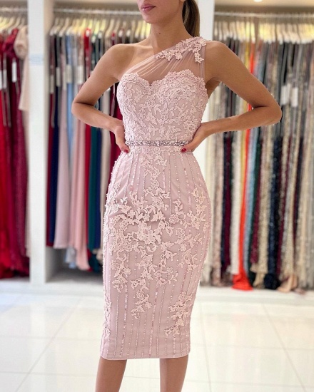 Bmbridal One Shoulder Pink Lace Prom Dress Knee-Length_6