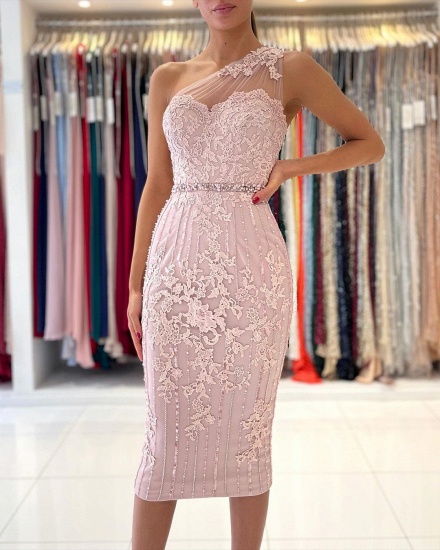 Bmbridal One Shoulder Pink Lace Prom Dress Knee-Length_4