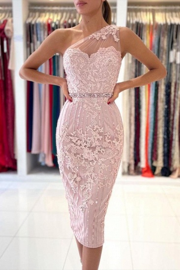 Bmbridal One Shoulder Pink Lace Prom Dress Knee-Length_1