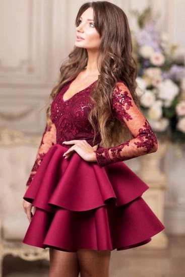 Bmbridal Long Sleeves Burgundy Short Prom Dress With Appliques_4