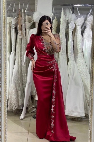 Bmbridal Burgundy Long Sleeves Prom Dress Mermaid Long With Beads_2