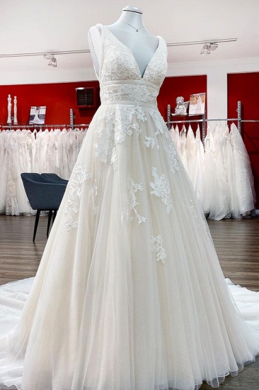 BMbridal Tulle V Neck Sleeveless Ivory A-Line Wedding Dresses With Lace Long_4