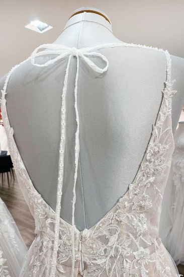 BMbridal Elegant V Neck Ivory Sleeveless Ruffles A-Line Wedding Dresses_6