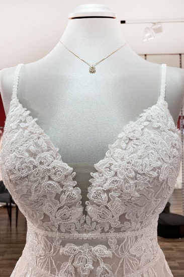 BMbridal Sleeveless Tulle V Neck Ruffles Wedding Dresses With Lace_5