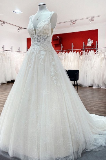 BMbridal Spaghetti Straps Tulle Lace Appliques A-Line Wedding Dresses_3