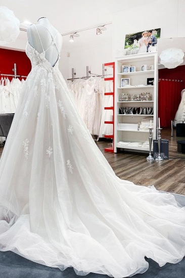 BMbridal Spaghetti Straps Tulle V Neck Ivory Ruffles Wedding Dresses With Lace_4
