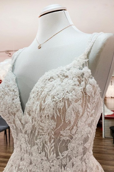 BMbridal Elegant V Neck Ivory Sleeveless Ruffles A-Line Wedding Dresses_5