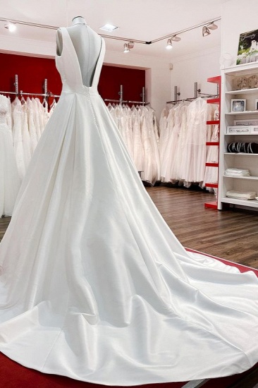 BMbridal Elegant V Neck Satin White Ruffles Wedding Dresses Long_5