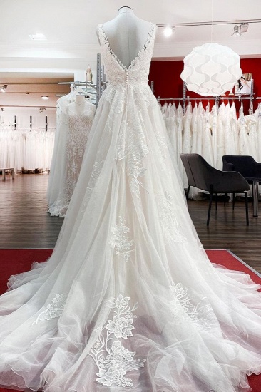 BMbridal Graceful Ivory Tulle V Neck Lace Ruffles A-Line Wedding Dresses_3